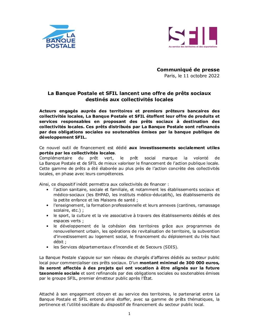 La Banque Postale and Sfil launch a social loan offer for local authorities (French version).