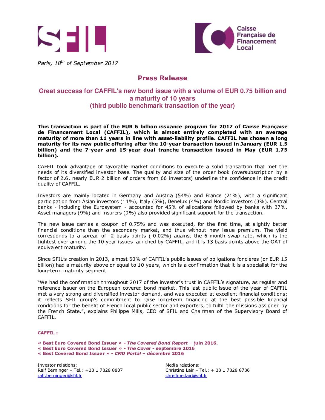 Great success for CAFFIL’s new bond issue with a volume of EUR 0.75 ...